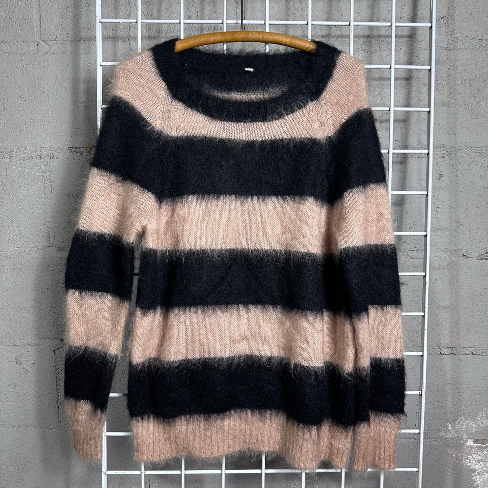 Nap lounge fuzzy soft mohair wool Striped Black camel Sweater small grunge indie